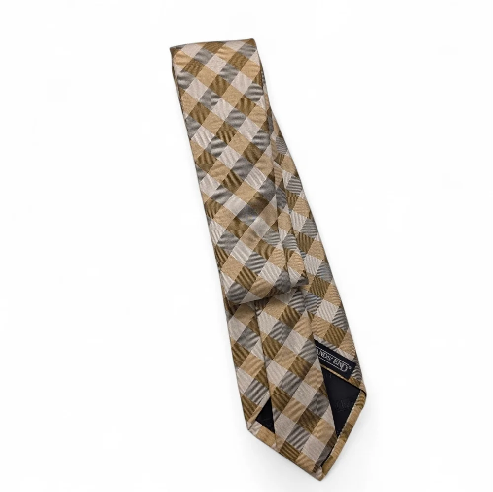 LANDS END Vintage Silk Tie Long Tan Cream Check Necktie Classic
